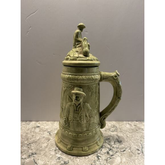 Vintage Ceramic German Hunter Beer Stein with Lid 1970s